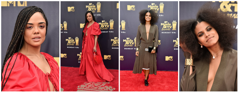 Actresses Tessa Thompson (photos left and second left) and Zazie Beetz at the 2018 MTV Movie & TV Awards